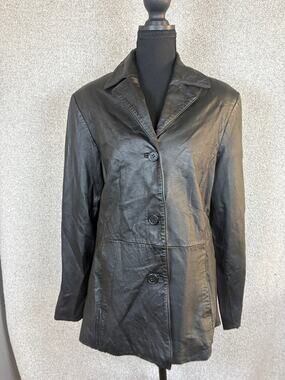 Events Genuine Leather Black Blazer Jacket L Y2K Tailored 3 Button FLAWED